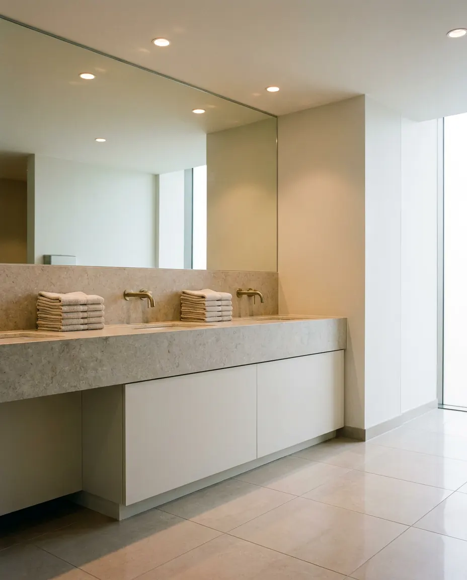 Spotless office restroom with a wiped vanity, brass faucets and folded towels