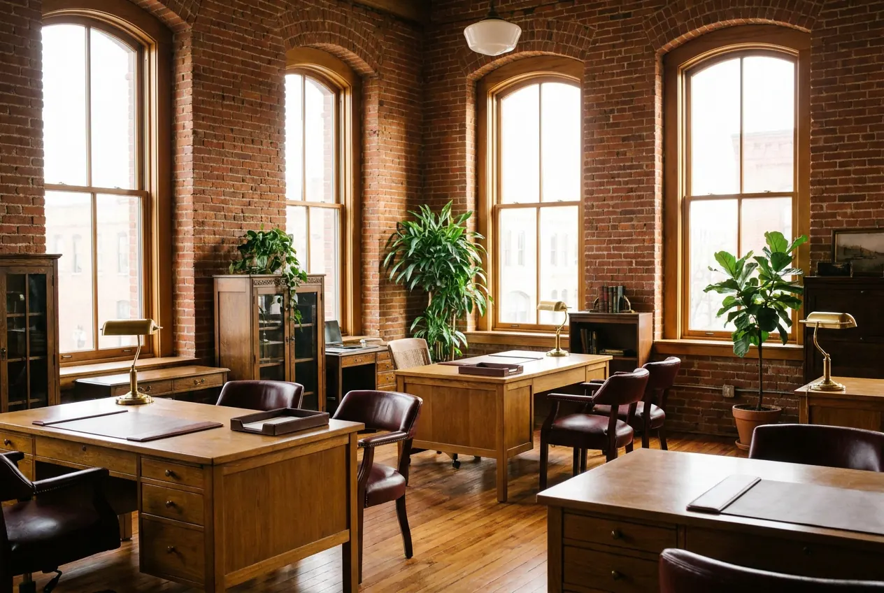 Office in a restored brick building with refinished hardwood floors and arched windows