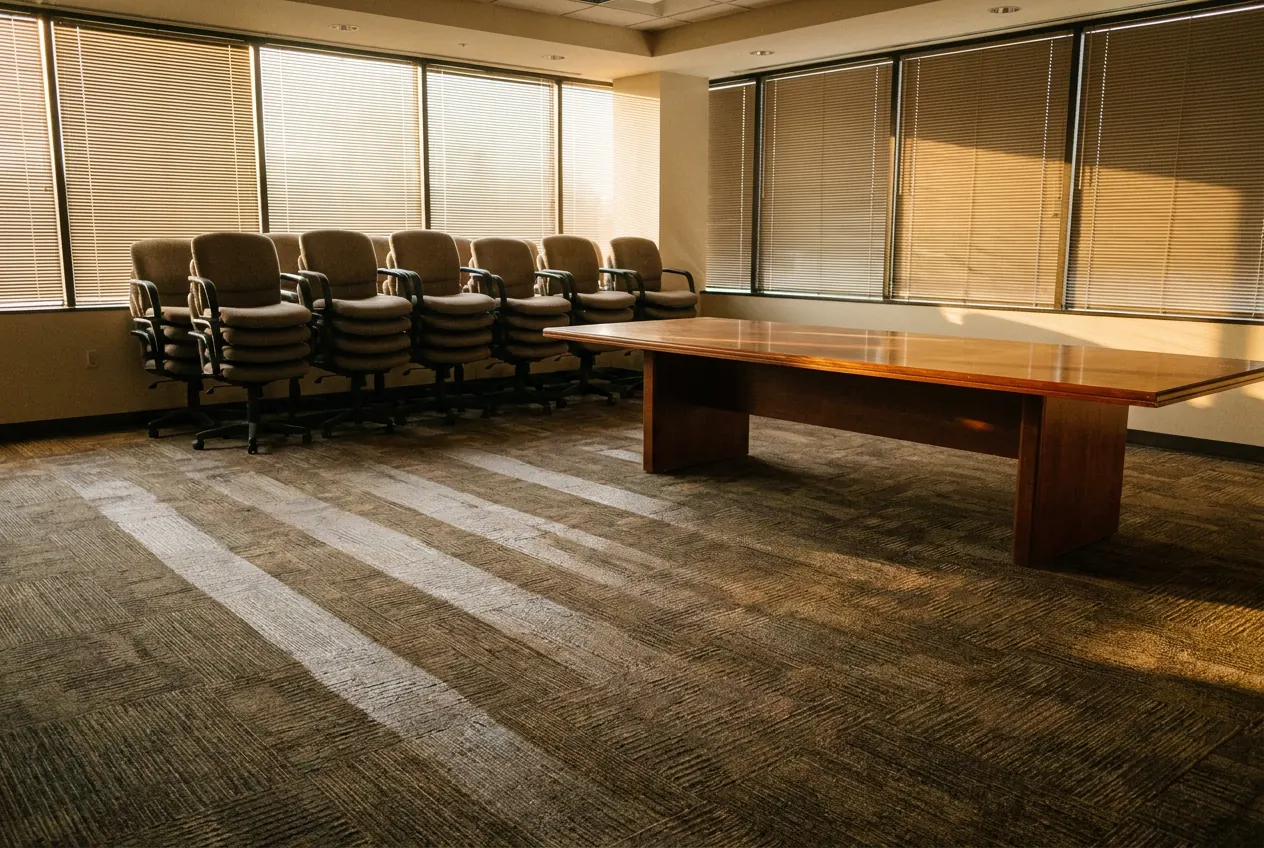 Conference room carpet with clean stripes right after carpet extraction