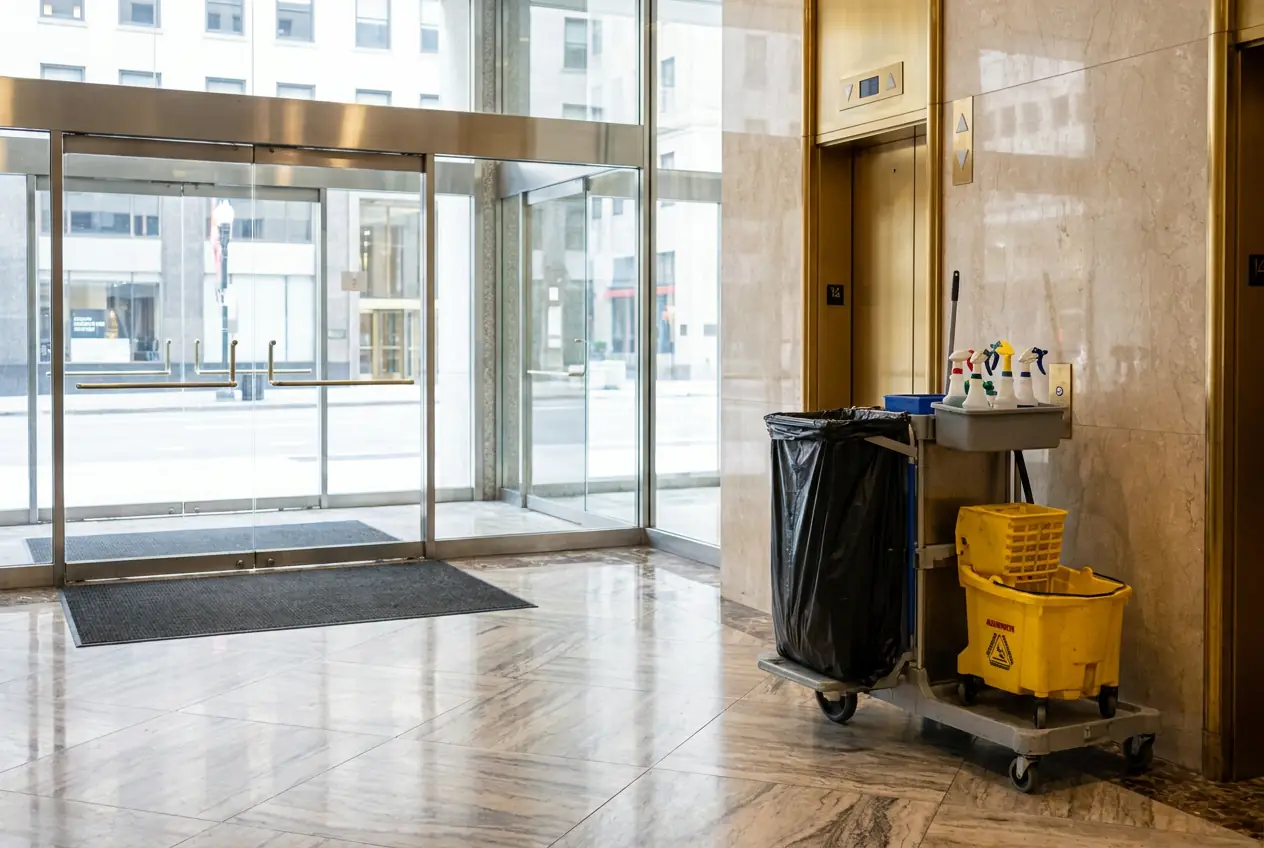 Daytime office lobby with a porter cart and clean entry mats